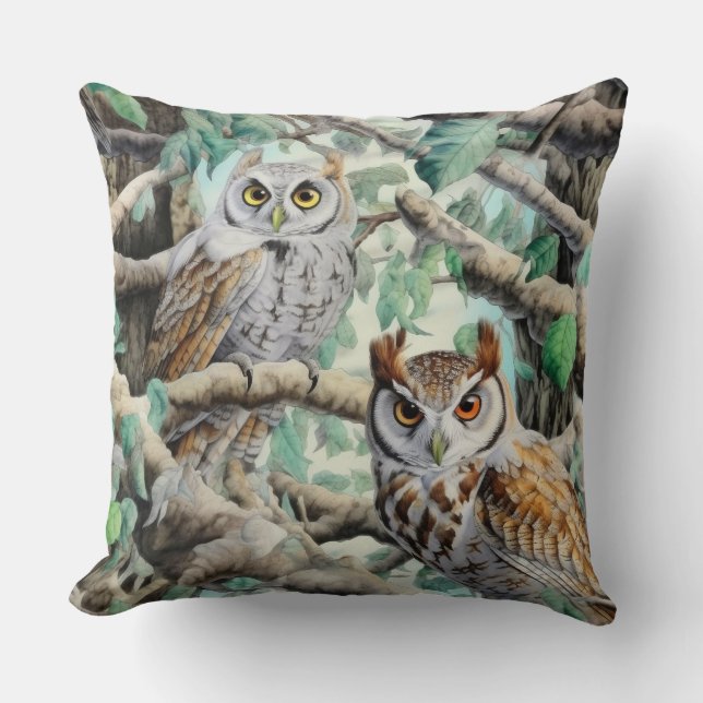 Cojín Decorativo Lechuzas acuarelas en árboles (Anverso)