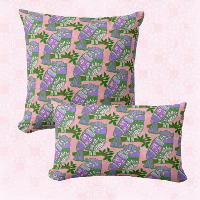 Cojín Decorativo Lechuzas de arte popular con niños morados rosados (Subido por el creador)