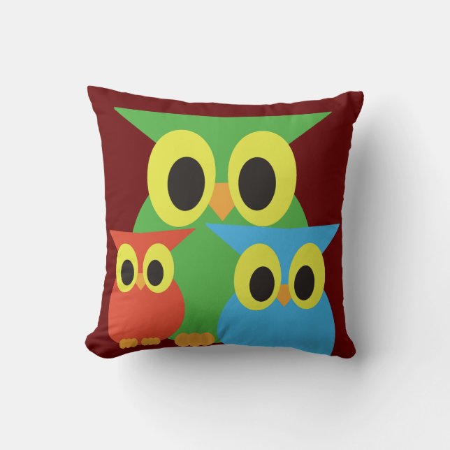 Cojín Decorativo Lechuzas verdes, rojas y azules (Anverso)
