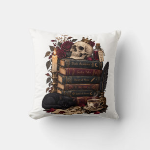 Cojín Decorativo Lector gótico de literatura Calavera y rosas