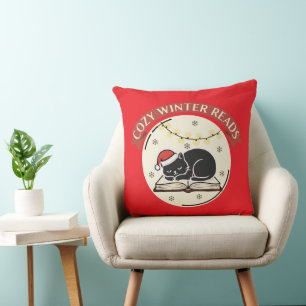 Cojín Decorativo Lecturas Acogedoras de Invierno Gato de Navidad Am