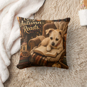 Cojín Decorativo Lecturas acogedoras de otoño Perrito amante de los