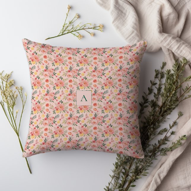 Cojín Decorativo Lemon  Floral pink Peony rustic Pattern monogram (The pretty pink design is bursting with lemons, sweet little flowers, and lovely peonies/)