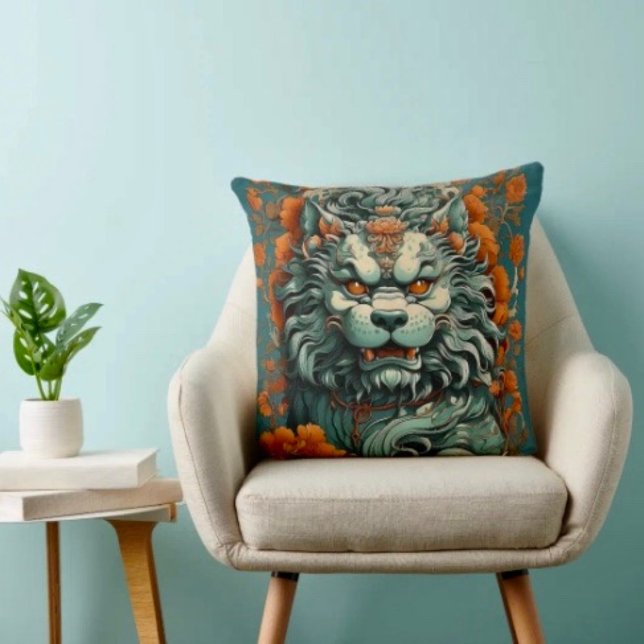 Cojín Decorativo León de la Flu Sabiduría  (Flu Lion of Wisdom Throw Pillow High quality 100% polyester hidden zipper enclosure.)