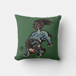 Cojín Decorativo León Shi chino vintage sobre verde cazador
