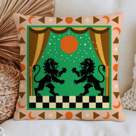 Cojín Decorativo Leones negros en arte popular a cuadros celestes v