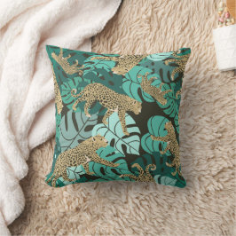 Cojín Decorativo Leopardo de la selva verde y hojas tropicales de M