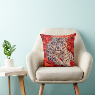 Cojín Decorativo Leopardo de las Nieves entre Hojas de Arce de Otoñ