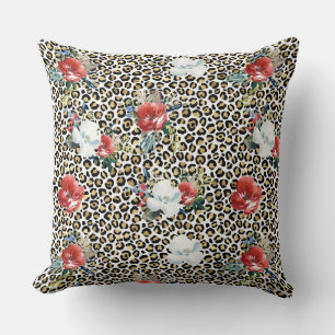 Cojín Decorativo Leopardo dorado impreso rojo blanco floral