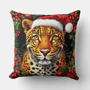 Cojín Decorativo Leopardo Festivo con Gorro de Santa