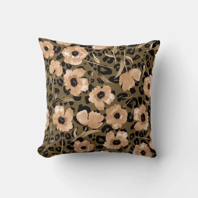Cojín Decorativo Leopardo floral acuarela: patrón infinito (Anverso)
