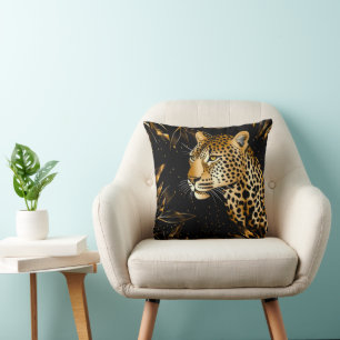 Cojín Decorativo Leopardo Guepardo Negro Oro Selva Safari Hojas