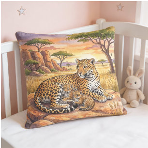 Cojín Decorativo Leopardo Mamá y Cachorros Animales de Safari 