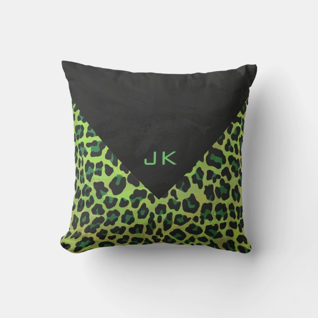 Cojín Decorativo Leopardo negro y verde con monograma (Anverso)