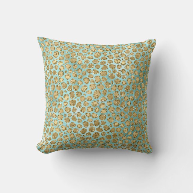 Cojín Decorativo Leopardo Purpurina Aqua Mint Gold Glitz  (Anverso)