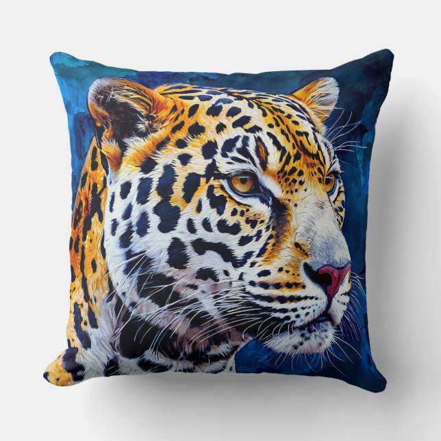 Cojín Decorativo Leopardo sobre fondo azul (Anverso)