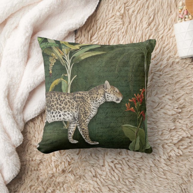 Cojín Decorativo Leopardo tropical floral en jungla follaje rojo ve (Manta)