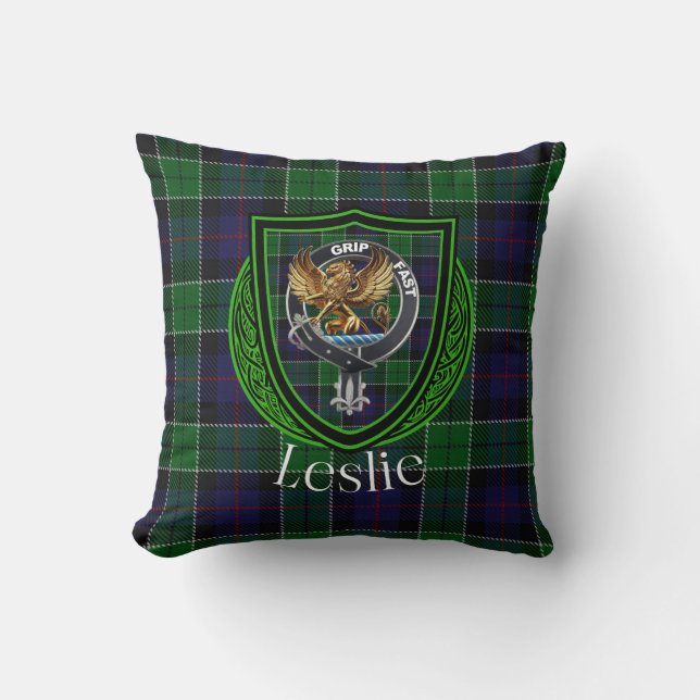 Cojín Decorativo Leslie Scottish Clan Tartan & Escudo (Anverso)