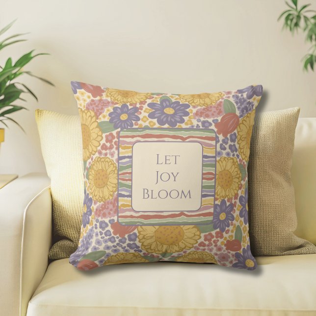 Cojín Decorativo Let Joy Bloom Reversible Throw Pillow (Let Joy Bloom Reversible Throw Pillow – Editable Inspirational Quote – Floral Stripe Cottagecore Dec)