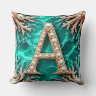 Cojín Decorativo 🌊Letra A de regalo de coral y perla en color turq