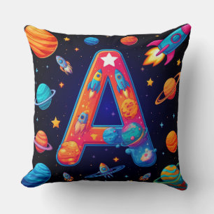 Cojín Decorativo 🚀 Letra A del alfabeto espacial Cohetes Estrellas