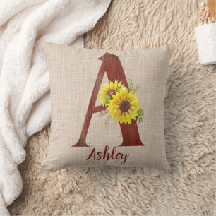 Cojín Decorativo Letra A y girasol de madera de grano personalizada