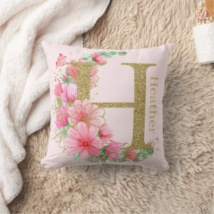 Cojín Decorativo Letra acuarela oro y monograma floral H