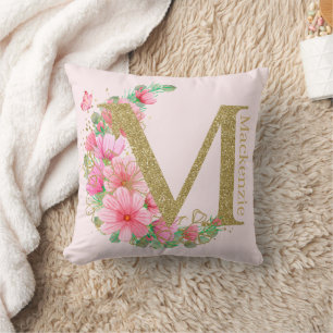 Cojín Decorativo Letra acuarela oro y monograma floral M
