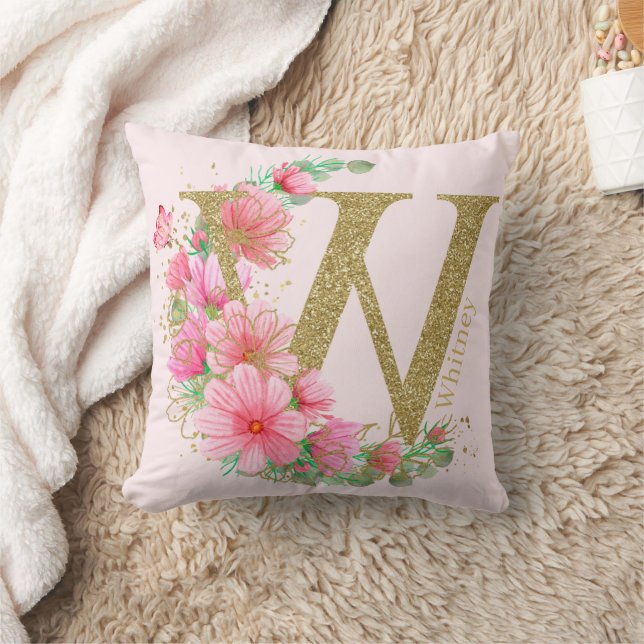 Cojín Decorativo Letra acuarela oro y monograma floral W (Manta)