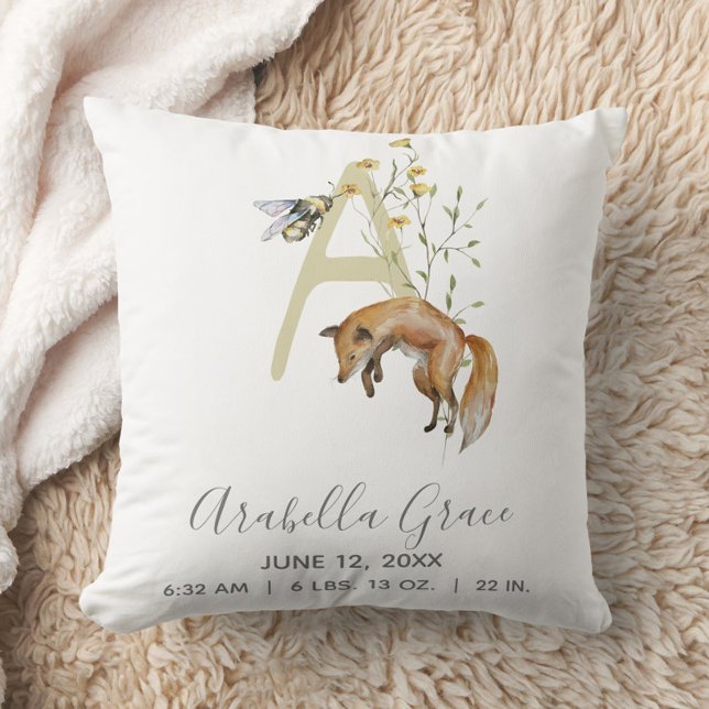 Cojín Decorativo Letra animal de Woodland A Monograma Estadísticas  (Easily personalize this baby birth stat pillow for a newborn gift to treasure!)
