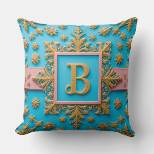 Cojín Decorativo Letra B dorada barroca con monograma azul Eleganci