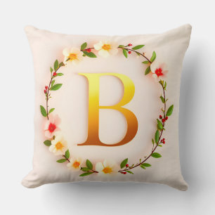 Cojín Decorativo Letra B Dorada Corona Floral Estilo Personalizado