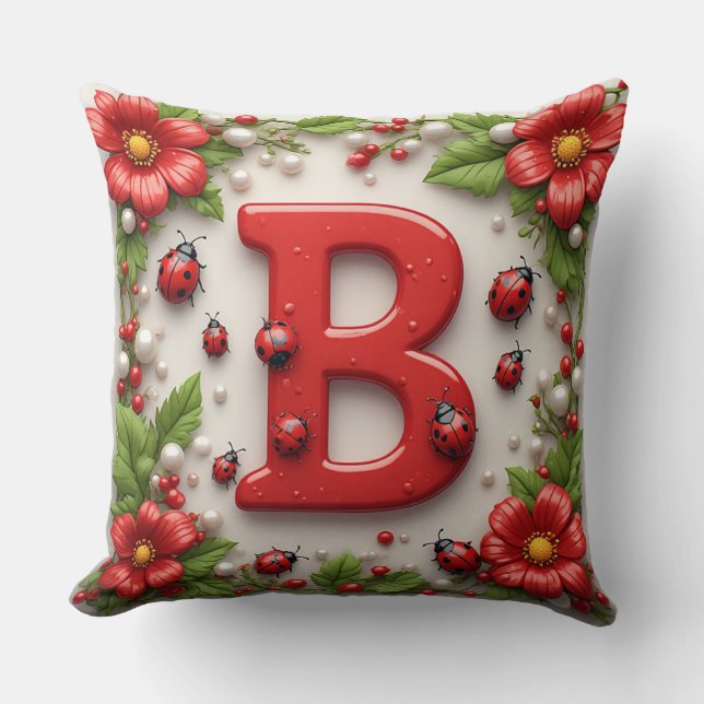 Cojín Decorativo 🐞 Letra B Mariquitas Rojas Amapolas Perlas (Anverso)