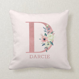 Cojín Decorativo Letra D Acuarela Rosa Floral Monogramo Nursera