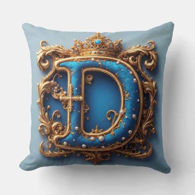 Cojín Decorativo Letra D azul ornamentada (Anverso)