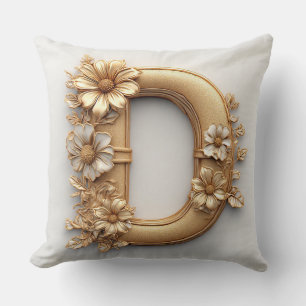 Cojín Decorativo Letra D Monograma Decoración Floral Dorada 🌸
