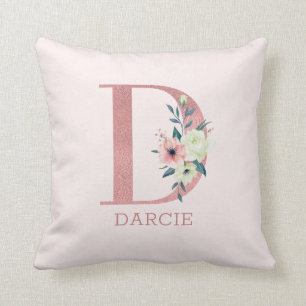 Cojín Decorativo Letra D Monograma Floral Acuarela Rosa Guardería I