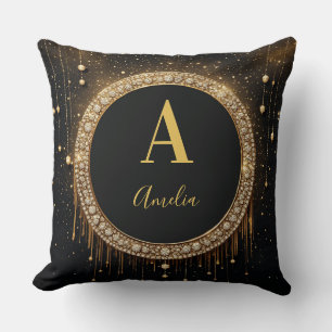 Cojín Decorativo Letra de monograma con brillo negro de nombre pers