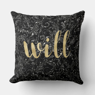 Cojín Decorativo Letra de oro de diamante negro almohada. Will