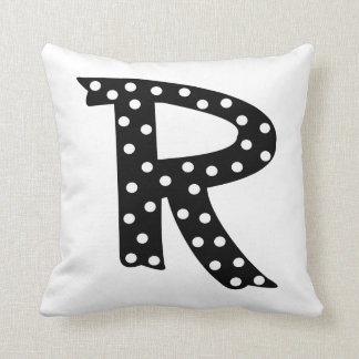 Cojín Decorativo Letra dot de polka blanca y negra personalizada R