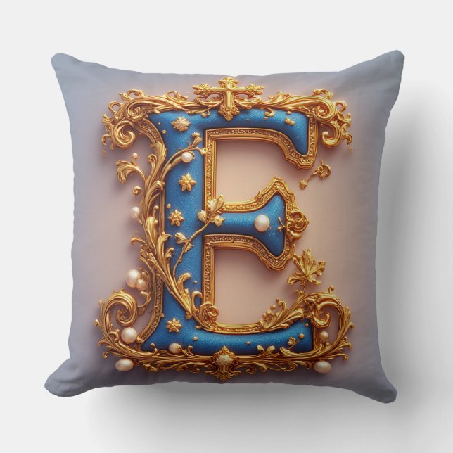 Cojín Decorativo Letra E azul ornamentada (Anverso)