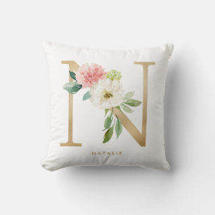 Cojín Decorativo Letra falsa Relieve metalizado dorado floral N mon