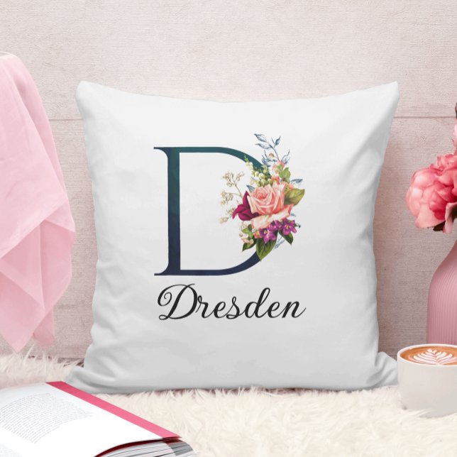 Cojín Decorativo Letra floral ondulante monograma D personalizada (Subido por el creador)