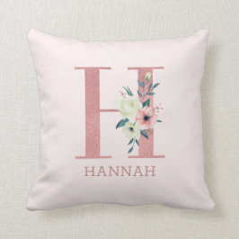 Cojín Decorativo Letra H Acuarela Rosa Floral Monogramo Nursera
