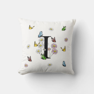 Cojín Decorativo Letra I Monograma de mariposa floral
