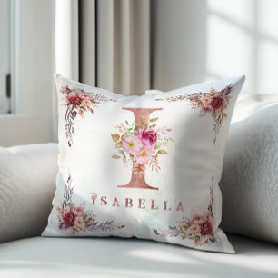 Cojín Decorativo Letra I Monograma Floral de Oro Rosa Personalizada