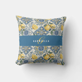 Cojín Decorativo Letra Inicial de Limón Acuarela Azul Amarillo Nomb