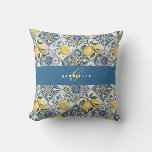Cojín Decorativo Letra Inicial de Limón Acuarela Azul Amarillo Nomb