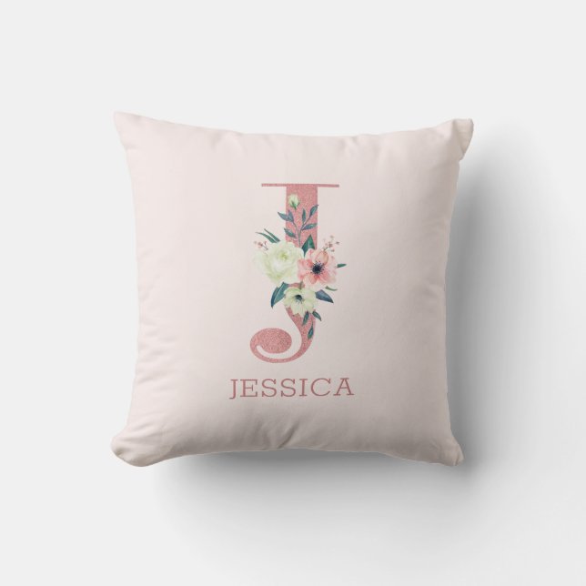 Cojín Decorativo Letra J Acuarela Rosa Floral Monogramo Nursera (Anverso)