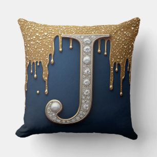 Cojín Decorativo Letra J de monograma dorado marina con pintura got